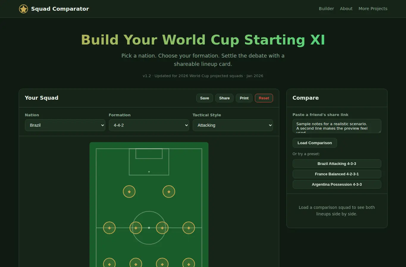 Screenshot of World Cup Squad Comparator interface showing the project page in use